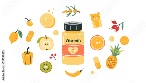 A jar of vitamin C in tablets, capsules or gummy bears and foods enriched with ascorbic acid. Fruits, berries and vegetables. Immune support set. Isolated vector illustration, hand drawn, flat