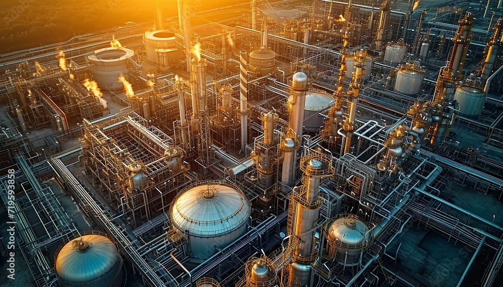 Oil and gas refinery plant industrial zone at dusk. Refinery factory oil storage tank. Industrial site and transportation concept.