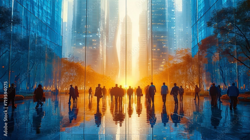 Silhouette of a group people walking in the city at sunset, beautiful reflection of sun light in skyscrapers, motion blur.