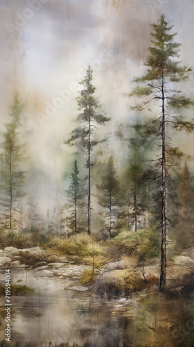 A watercolor painting of a river flowing through a forest, a storybook illustration, fantasy art, poster art. © milicenta