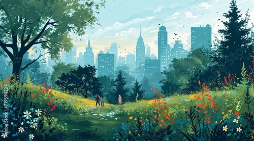 2D illustration of City park at summer day. Lots of great with skyscrapers at the background
