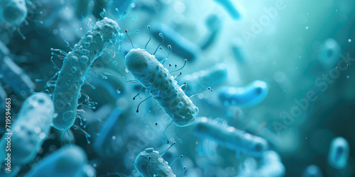 Lactic Acid Bacteria Genome Database. Light blue color. Microscope shot of Lactobacillus and Bifidobacterium. 3d render illustration style. Flying Molecules in capsule form.	