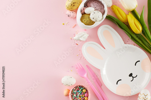 Delightful Easter extravaganza: kids' egg-citement galore. Top view photo of bunny shaped plate, egg-shaped saucer, eggs, cutlery, tulips, sprinkles on pastel pink background with greetings zone photo