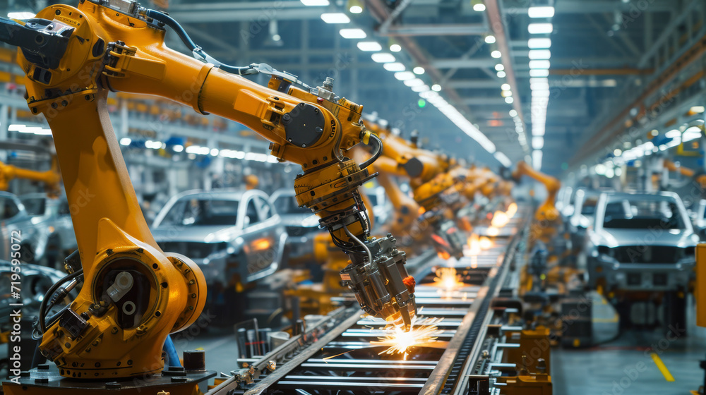 A car assembly plant with a conveyor belt and robots assembling cars A car assembly plant with a conveyor belt and robots assembling cars