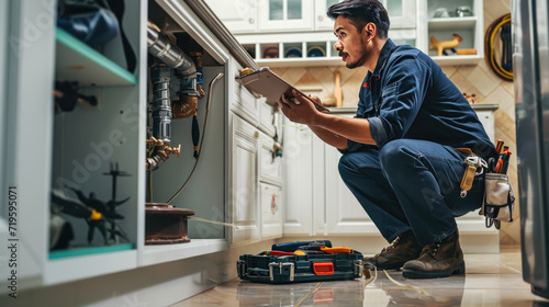 Plumber or maintenance worker crouched down, inspecting or repairing a kitchen sink