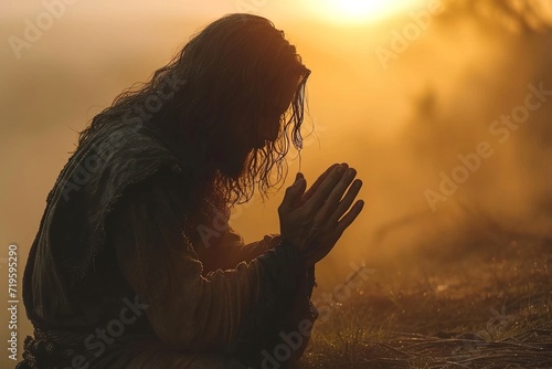 Jesus Christ prays in the morning at sunrise photo