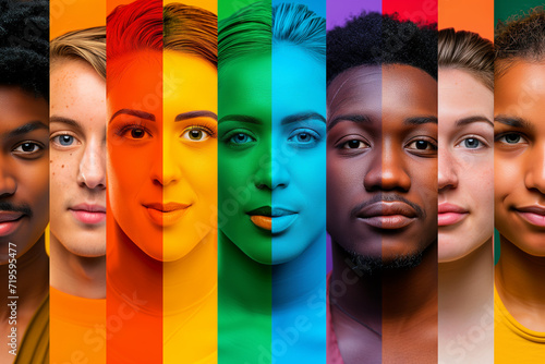 Rainbow collage of multiracial smiling young piple over colorful backgrounds, panorama. A collage of diverse faces representing the LGBTQ community , diversity concept. diverse people as rainbow colla photo