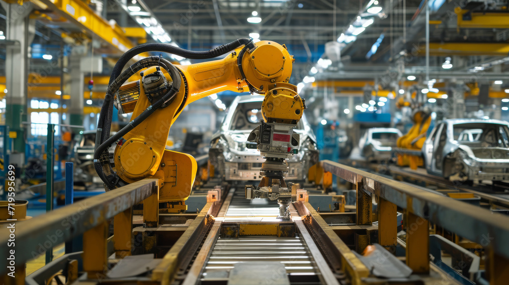 A car assembly plant with a conveyor belt and robots assembling cars A car assembly plant with a conveyor belt and robots assembling cars