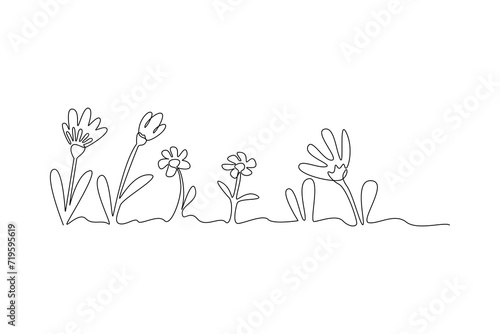 Single one line drawing of mini garden with beautiful flowers  watering houseplants growing in greenhouse with watering can. Continuous line draw design graphic vector illustration