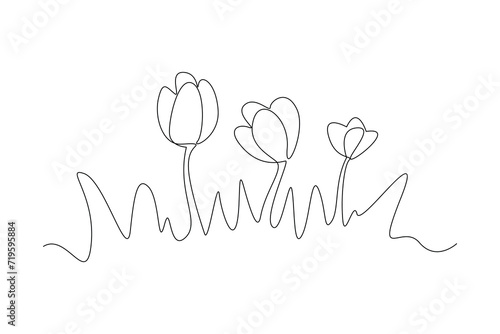 Single one line drawing of dancing flowers in gardwen, watering houseplants growing in greenhouse with watering can. Continuous line draw design graphic vector illustration photo