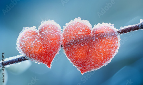 digital image of two heart-shaped leaves covered with frost