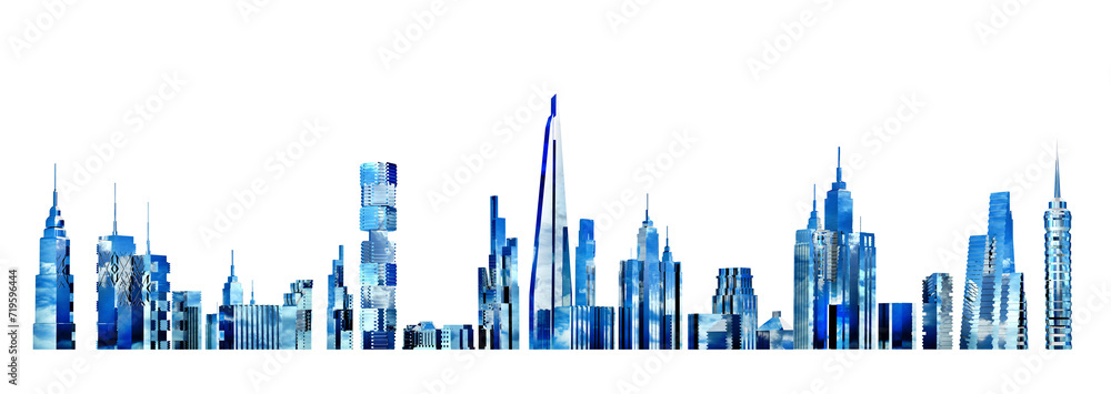 Beautiful modern city front view, made of many glass reflective skyscrapers. 3D rendering illustration	
