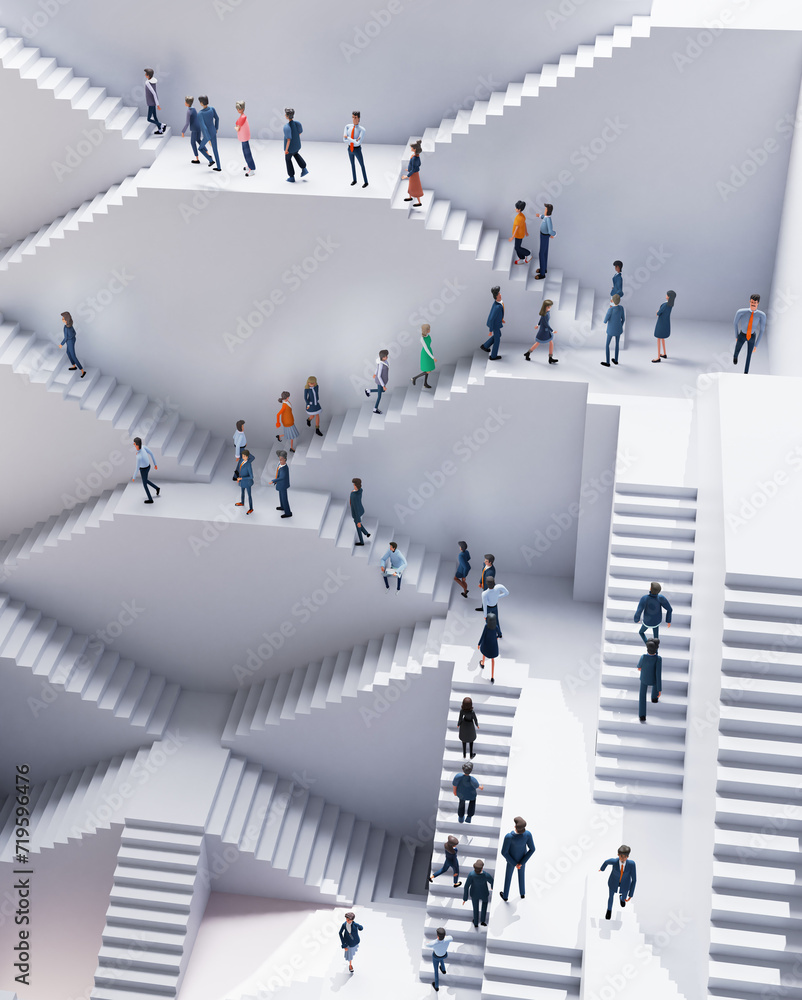 Lots of business and professional people queueing up on trails in an