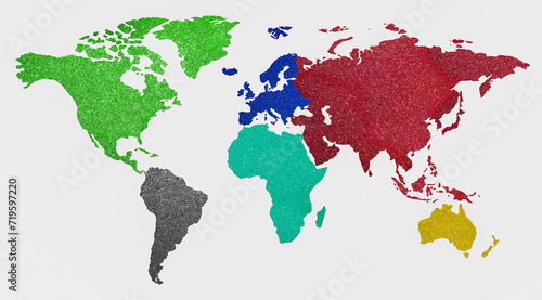 world map with colorful continents with shimmering glittery