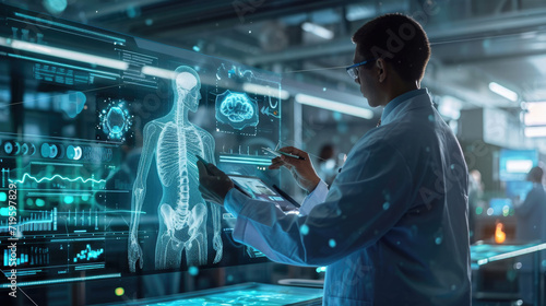 Healthcare professional is using a tablet that displays a holographic projection of a human anatomy model, showcasing various internal systems.
