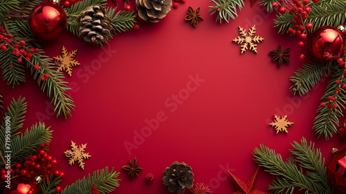 A Christmas background  with red colours and Christmas-themed foliage.