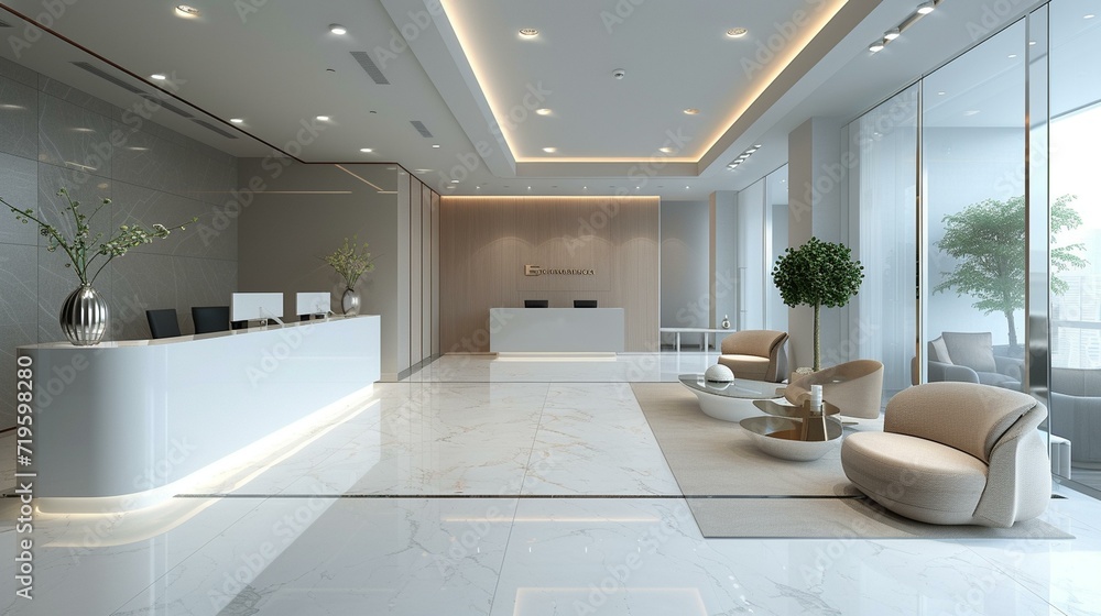 Reception area with sleek furniture and a spacious layout, ideal for professional design presentations. [Reception area with sleek furniture Reception area with sleek furniture and a spacious layout, ideal for professional design presentations. [Reception area with sleek furniture