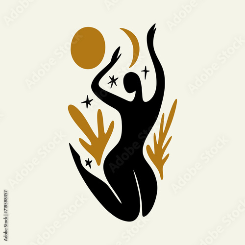 Sacred woman in Matisse style, meditating magic Reiki silhouette drawing, Bali moon wild young girl moon child.