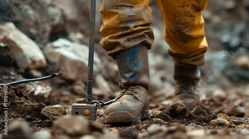 Handheld Mine Detector: Close-up of a deminer using a handheld mine detector in a cautious and methodical manner. [Handheld Mine Detector