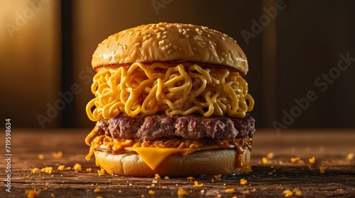 Close up of a ramen burger, combining the noodles of ramen with the convenience of a burger, food mashup concept. photo