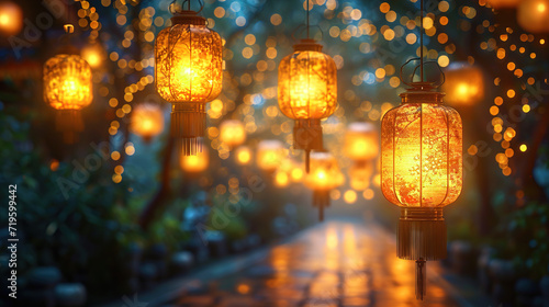 Wallpaper Mural Soft Glows Emanating from Suspended Golden Lanterns Background Torontodigital.ca