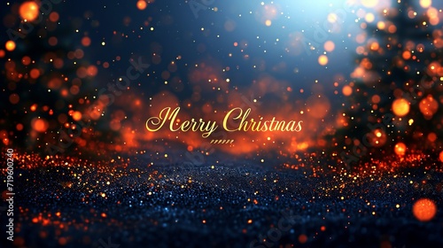 Merry christmas golden text on magical bokeh sparkles background, festive postcard design