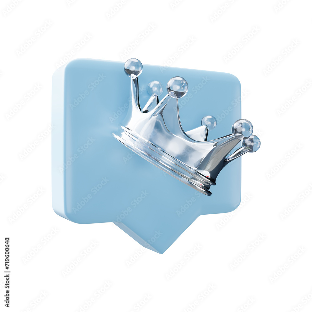 Speech bubble with Gold royal king crown icon in crystal glass style 3d
