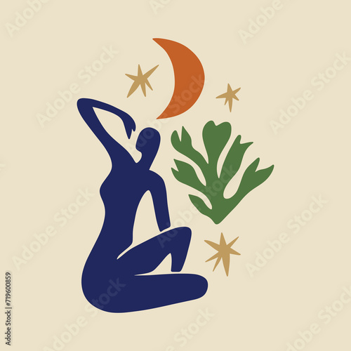 Sacred woman in Matisse style, meditating magic Reiki silhouette drawing, Bali moon wild young girl moon child.