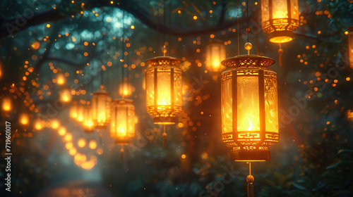 Soft Glows Emanating from Suspended Golden Lanterns Background © MKH_SAGAR