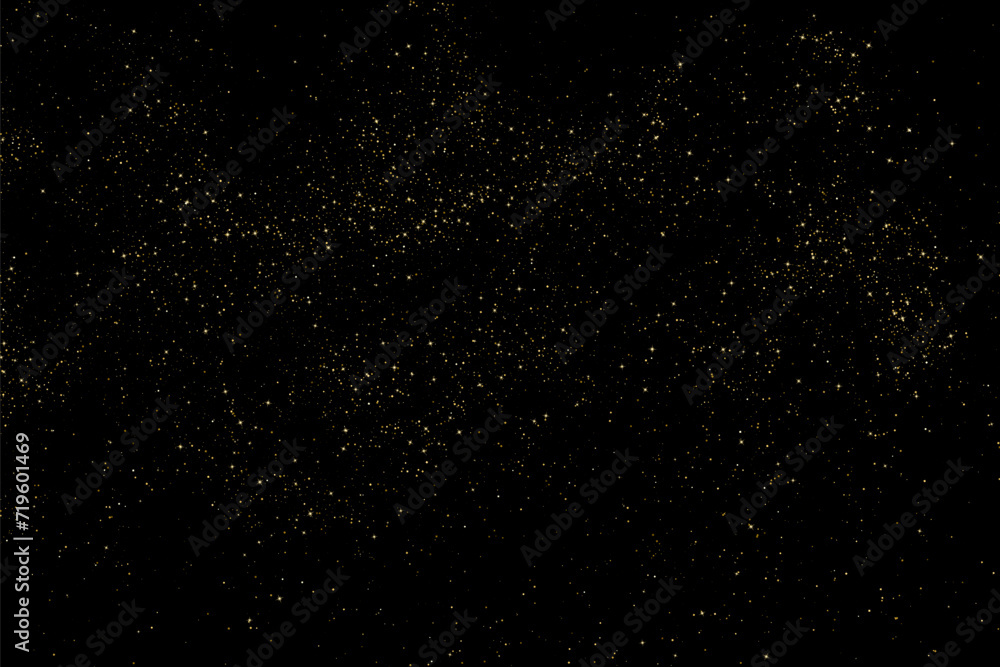 Space star sky. Gold light pattern texture on black backdrop. Abstract starlight. Yellow glitter background. Golden Explosion of Confetti. Vector illustration.