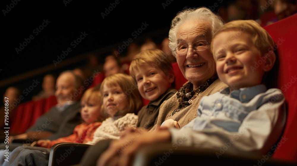 Elderly Man and Children Enjoying a Movie in a Theater at Evening Elderly Man and Children Enjoying a Movie in a Theater at Evening