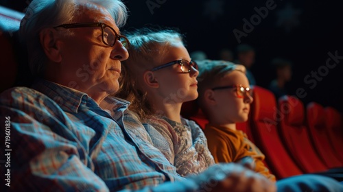 Elderly Man With Two Children Enjoying a Movie in a Theater at Evening