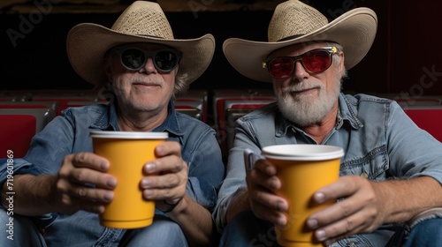 Two Smiling Elderly Gentlemen in Cowboy Hats Enjoying Drinks at a Theater