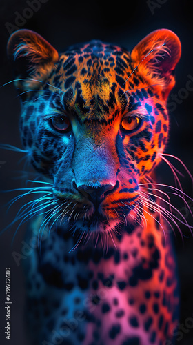Portrait of a leopard on a black background in neon light