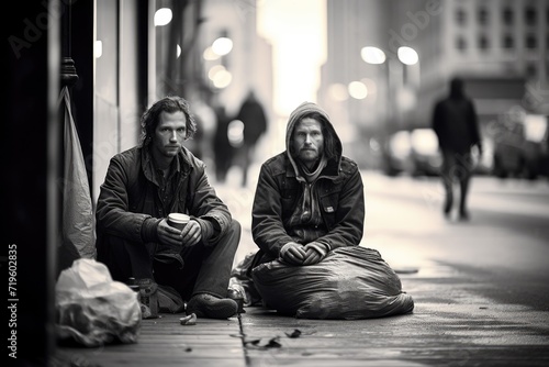 Two homeless men sitting in dirty city street