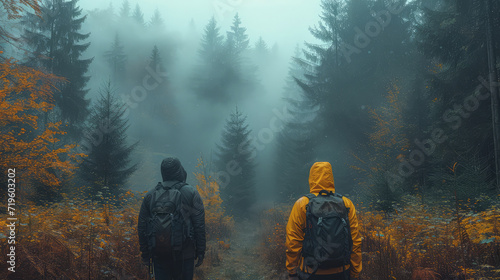 Hikers Exploring Misty Autumn Forest