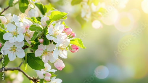Bright Sunlight Shining Through Blooming Apple Tree Branches in Springtime