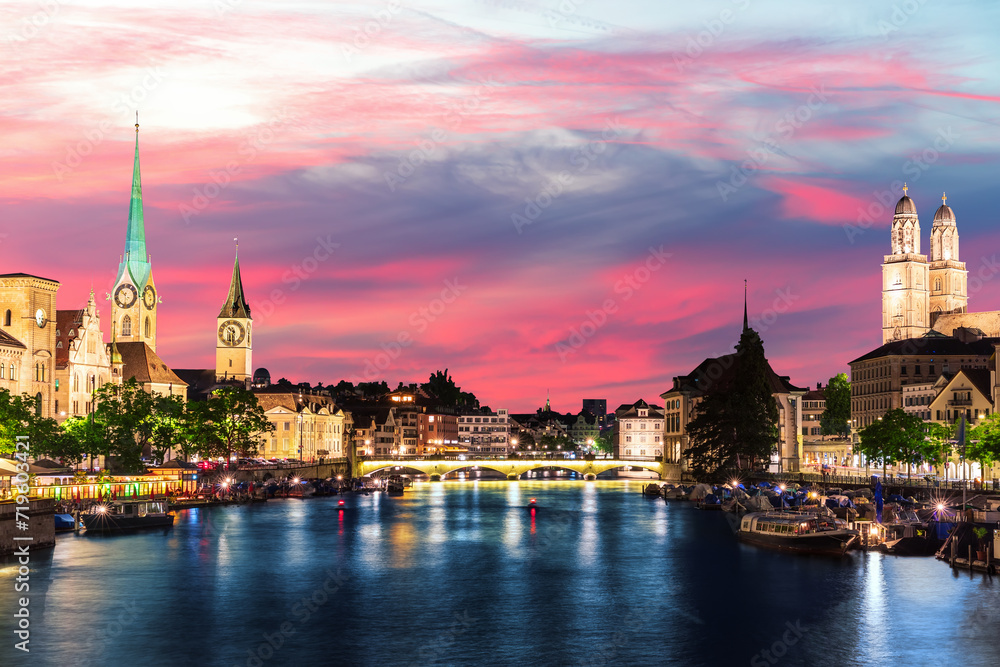 Skyline night panorama on the downtown of Zurich, Switzerland