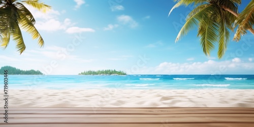 Clear surface for product presentation with tropical beach backdrop.