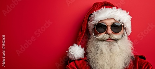 Energetic and playful santa claus on red background with copy space for text placement © Ilja