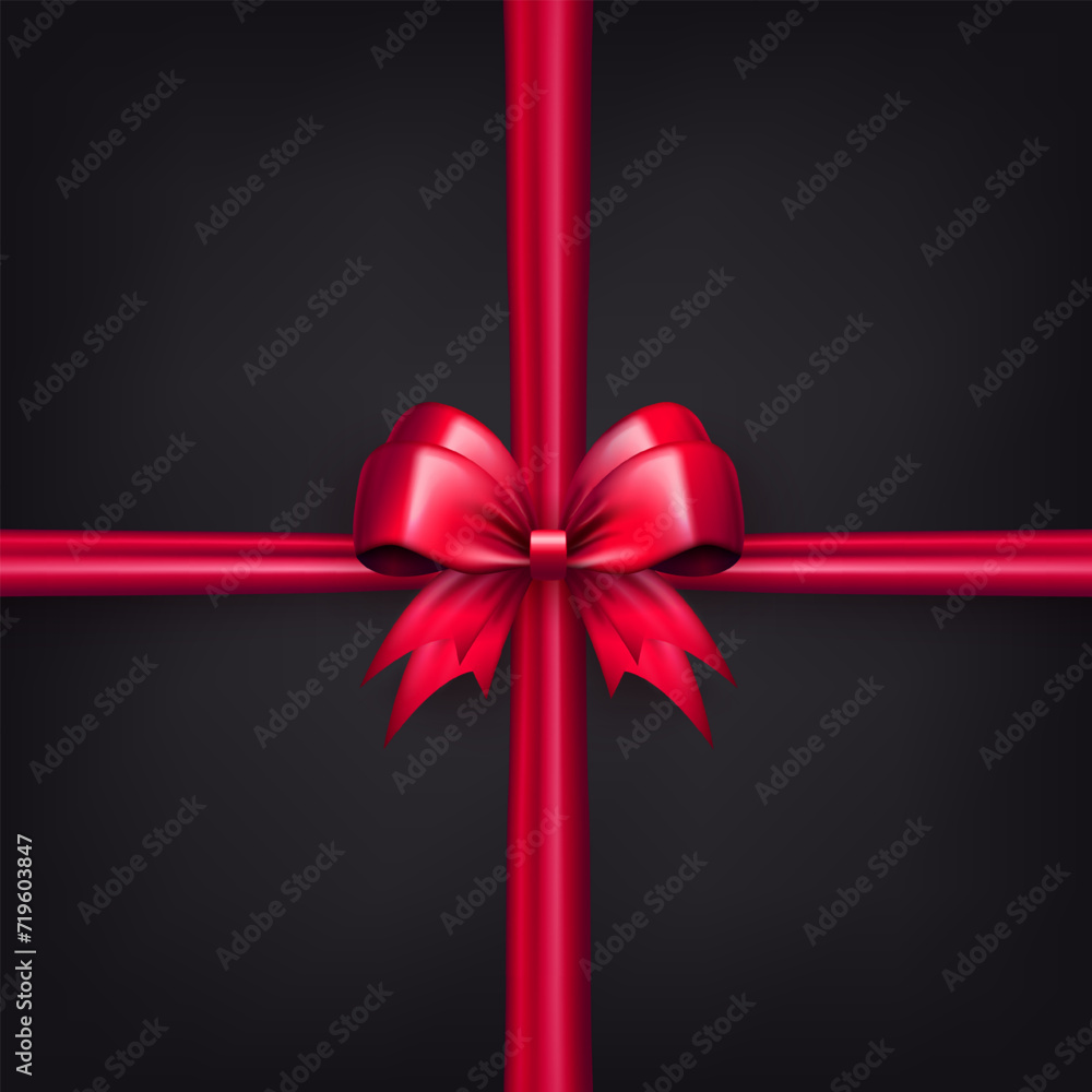 Template of black wallpaper with realistic 3d pink bow knot with crossed ribbons. Banner with red criss-cross tied bow with silk tape as gift box wrapping element or present decor for holidays Template of black wallpaper with realistic 3d pink bow knot with crossed ribbons. Banner with red criss-cross tied bow with silk tape as gift box wrapping element or present decor for holidays