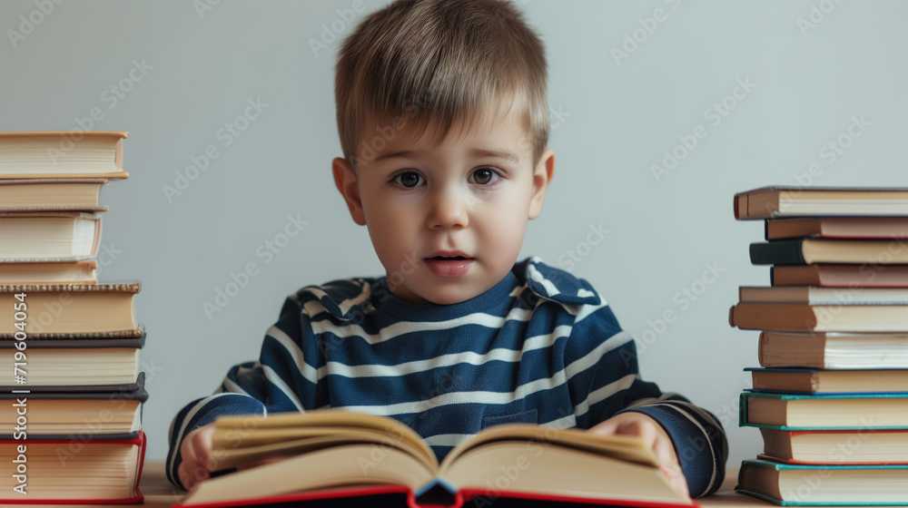 Young Boy Engrossed in Reading a Book Surrounded by Stacks of Literature Young Boy Engrossed in Reading a Book Surrounded by Stacks of Literature