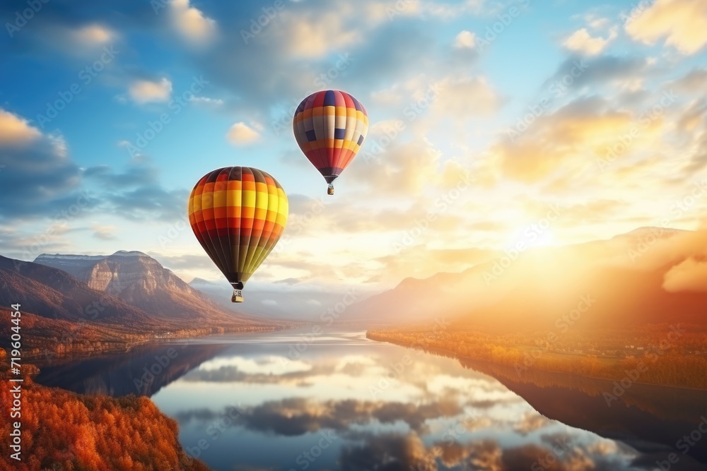 Colorful hot air balloons flying over mountain Colorful hot air balloons flying over mountain