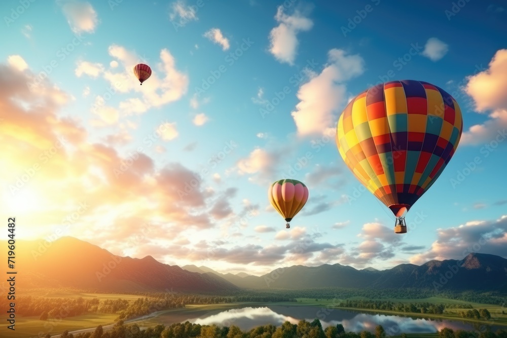 Naklejka premium Colorful hot air balloons flying over mountain