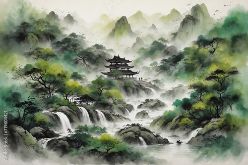 chinese ink art of waterfall in mountains with traditional motifs in green and black colors