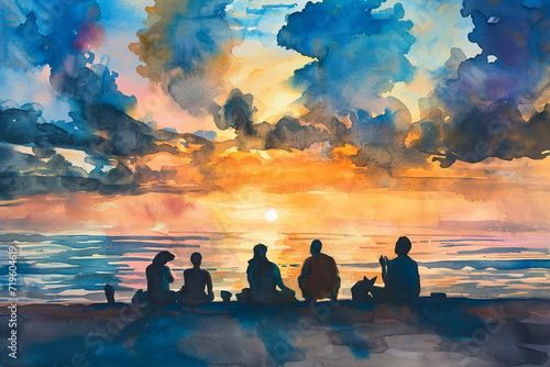dreamy watercolor painting of a group of people sitting on a beach  with a beautiful sunset in the background.