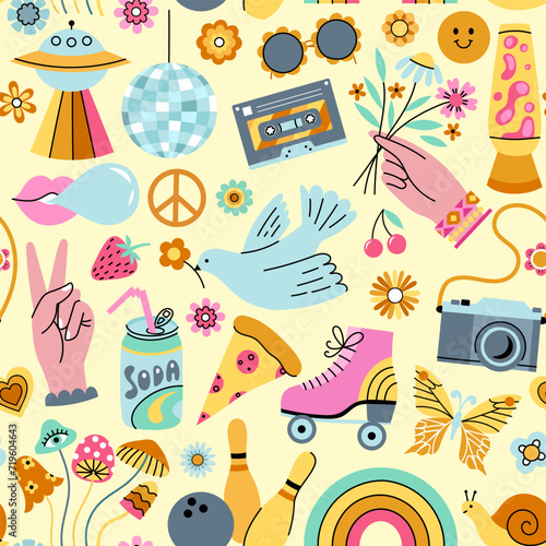 Groovy retro vector seamless pattern. Hippie texture