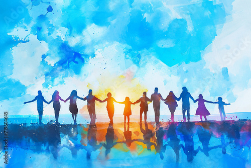 fantastic watercolor illustration of a group of people holding hands in a circle © Formoney
