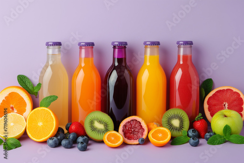 Citrus fruit juices, fresh and smoothies, food background, top view. Mix of different whole and cut fruits: orange, grapefruit, lime, tangerine with leaves and bottles with drinks on color table.
