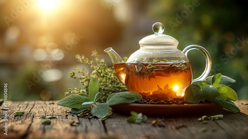 Tea of fragrant healing herbs in a glass teapot on an old wooden table surrounded by herbs amidst cozy warm summer sunshine, with the sun reflected in the glass.